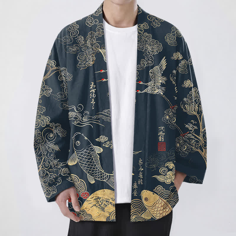 Buddha Stones Kimono pour homme en coton à motif de grues chinoises et de carpes koï, ouvert sur le devant - Marine - US/UK/AU48，EU58 (4XL) - image 0