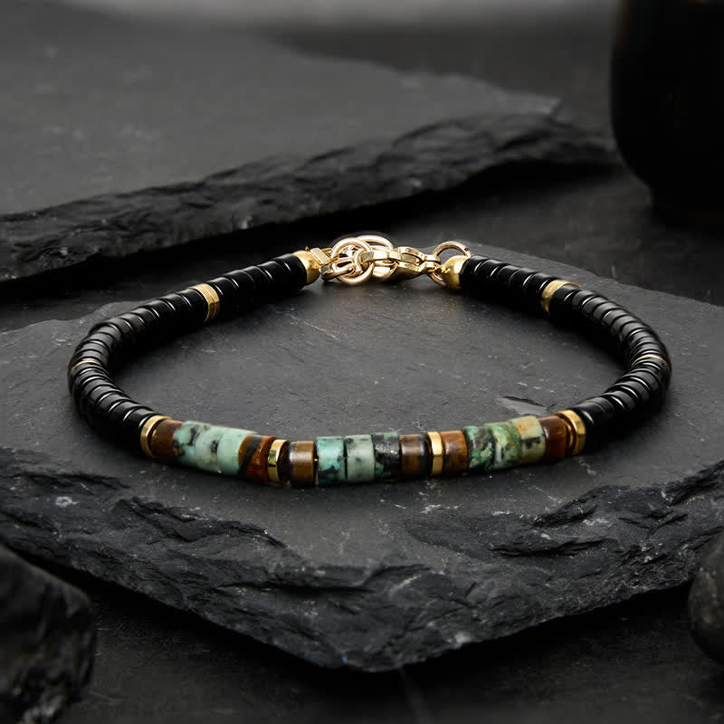 Buddha Stones Bracelet de protection à perles rondes en onyx noir et turquoise - image 1