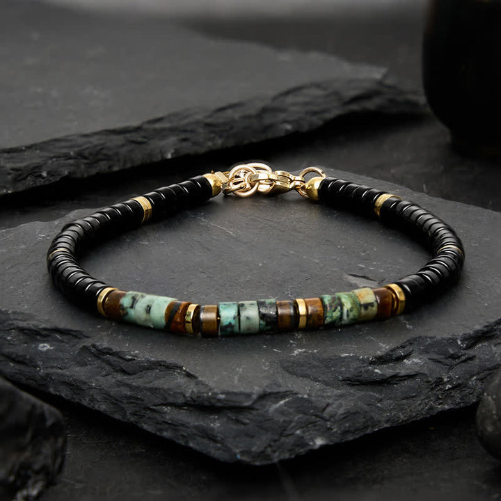 Buddha Stones Bracelet de protection à perles rondes en onyx noir et turquoise - image 1