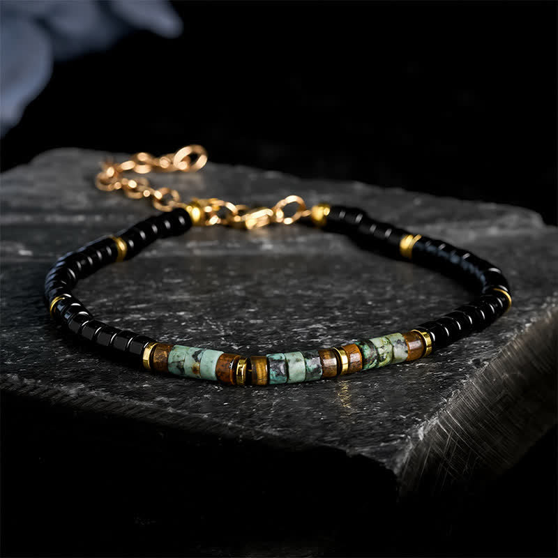 Buddha Stones Bracelet de protection à perles rondes en onyx noir et turquoise - Onyx noir et turquoise (Tour de poignet : 18–20 cm) - image 0