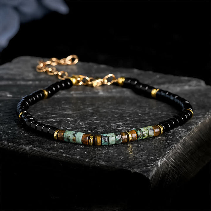 Buddha Stones Bracelet de protection à perles rondes en onyx noir et turquoise - Onyx noir et turquoise (Tour de poignet : 18–20 cm) - image 0