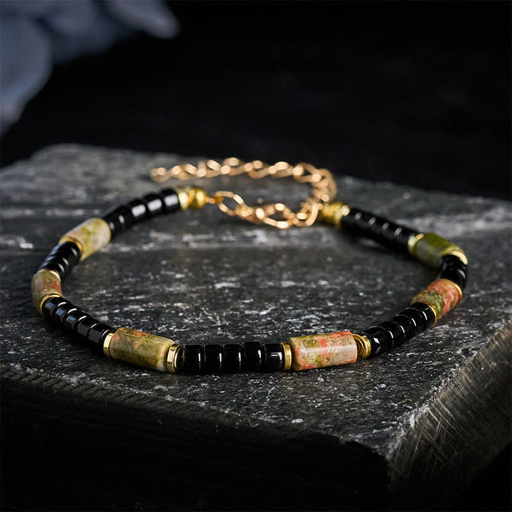 Buddha Stones Bracelet vintage en unakite, hématite et cuivre. - Unakite et hématite (Tour de poignet : 18–20 cm) - image 0