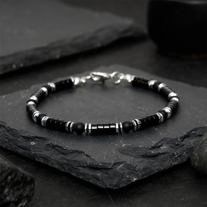 Buddha Stones Bracelet de protection avec perle d'espacement cylindrique givrée en onyx noir - image 1