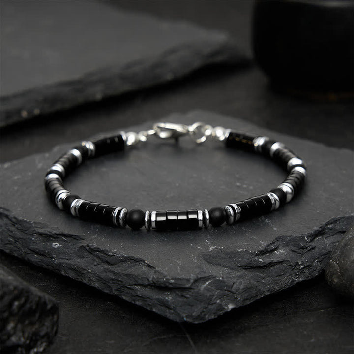 Buddha Stones Bracelet de protection avec perle d'espacement cylindrique givrée en onyx noir - image 1