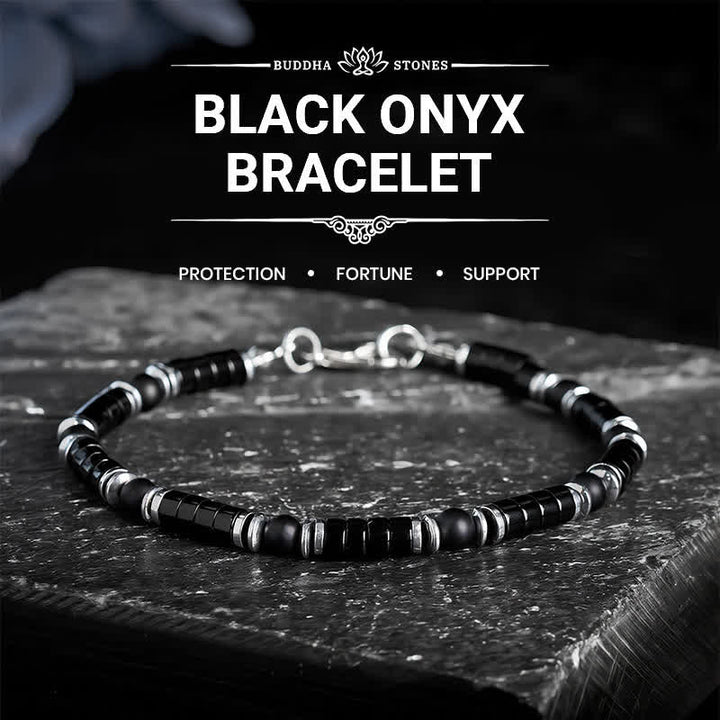 Buddha Stones Bracelet de protection avec perle d'espacement cylindrique givrée en onyx noir - Sans chaînette d'extension (Tour de poignet : 6,3–7,1 po / 16–18 cm) - image 0