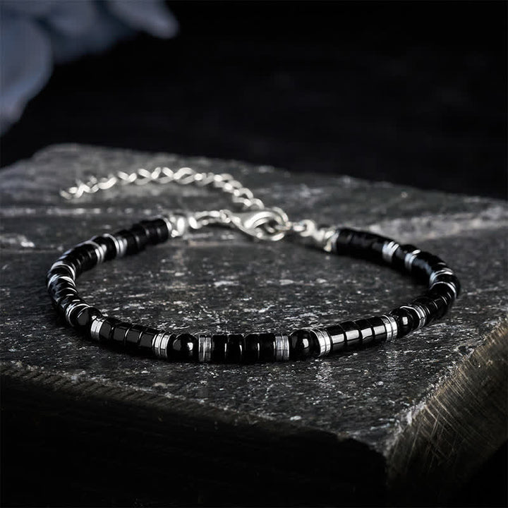 Buddha Stones Bracelet de protection avec perle d'espacement cylindrique givrée en onyx noir - Avec chaînette d'extension (Tour de poignet : 6,3–7,5 po / 16–19 cm) - image 9