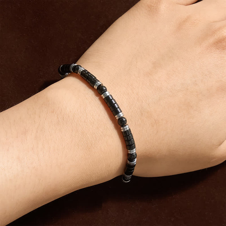 Buddha Stones Bracelet de protection avec perle d'espacement cylindrique givrée en onyx noir - image 3