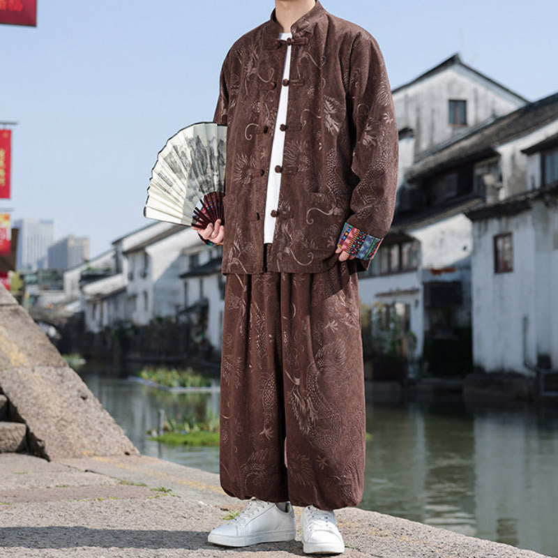 Buddha Stones Chemise et pantalon en coton style Tang vintage automne-hiver, col mandarin, boutons brandebourg, imprimé abstrait, avec poches, tenue de méditation pour homme - Terre de sienne - US/UK/AU46，EU56 (5XL) - image 0