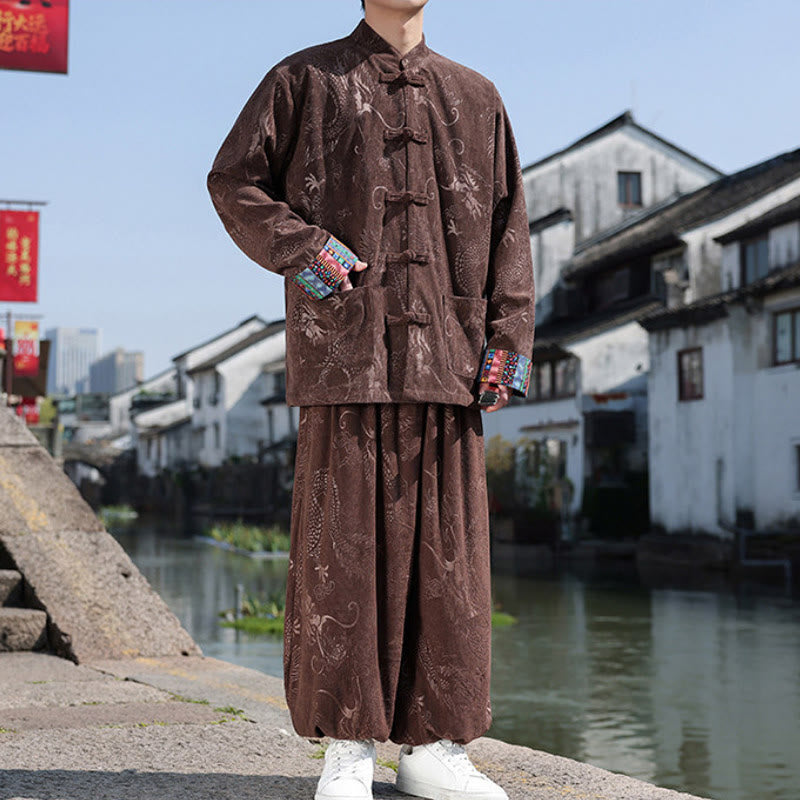 Buddha Stones Chemise et pantalon en coton style Tang vintage automne-hiver, col mandarin, boutons brandebourg, imprimé abstrait, avec poches, tenue de méditation pour homme - image 1