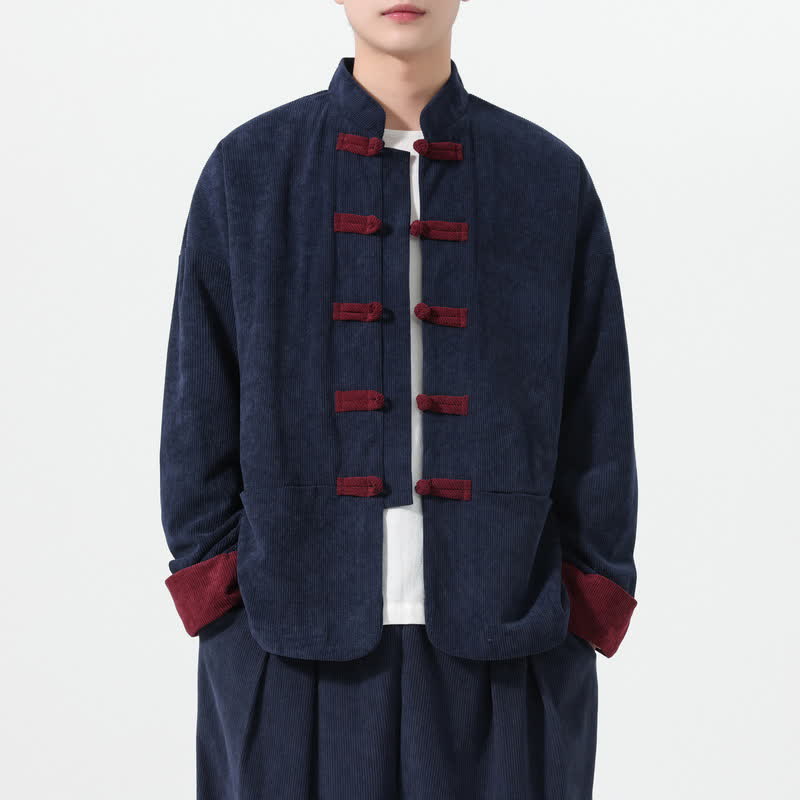 Buddha Stones Vestes homme décontractées automne-hiver style Tang à boutons brandebourg unis avec poches - Marine - US/UK/AU46，EU56 (5XL) - image 0