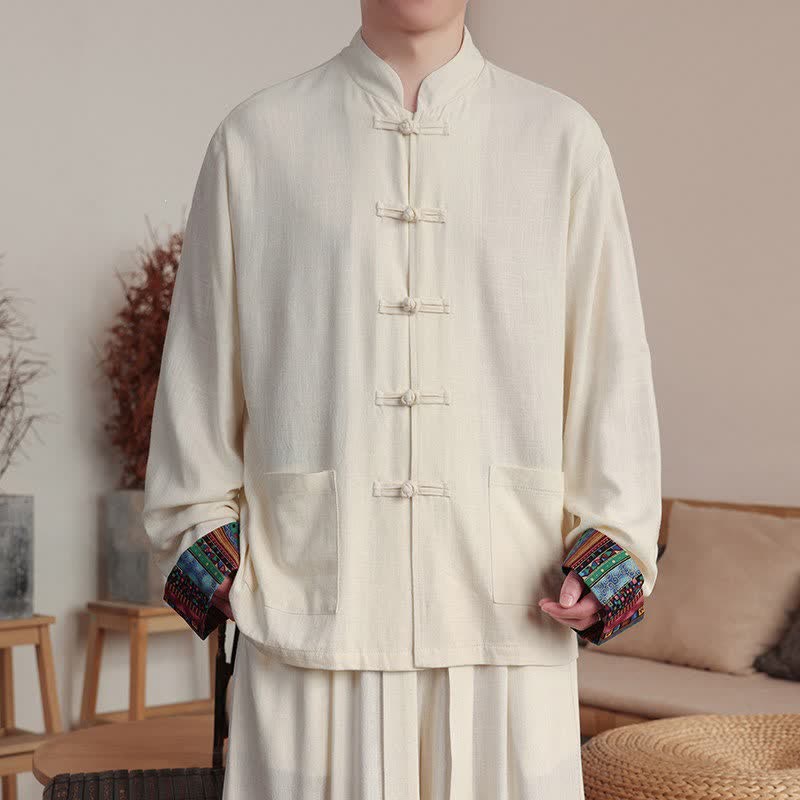 Buddha Stones Vestes homme décontractées automne-hiver style Tang, col mandarin à boutons brandebourg, unies, avec poches - Blanc antique - US/UK/AU46，EU56 (5XL) - image 0
