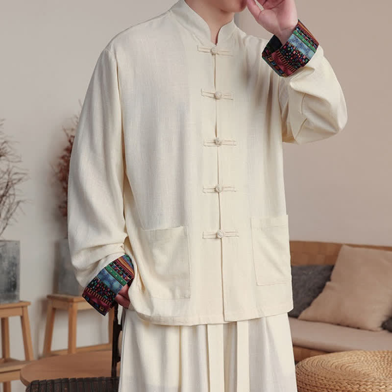 Buddha Stones Vestes homme décontractées automne-hiver style Tang, col mandarin à boutons brandebourg, unies, avec poches - image 1