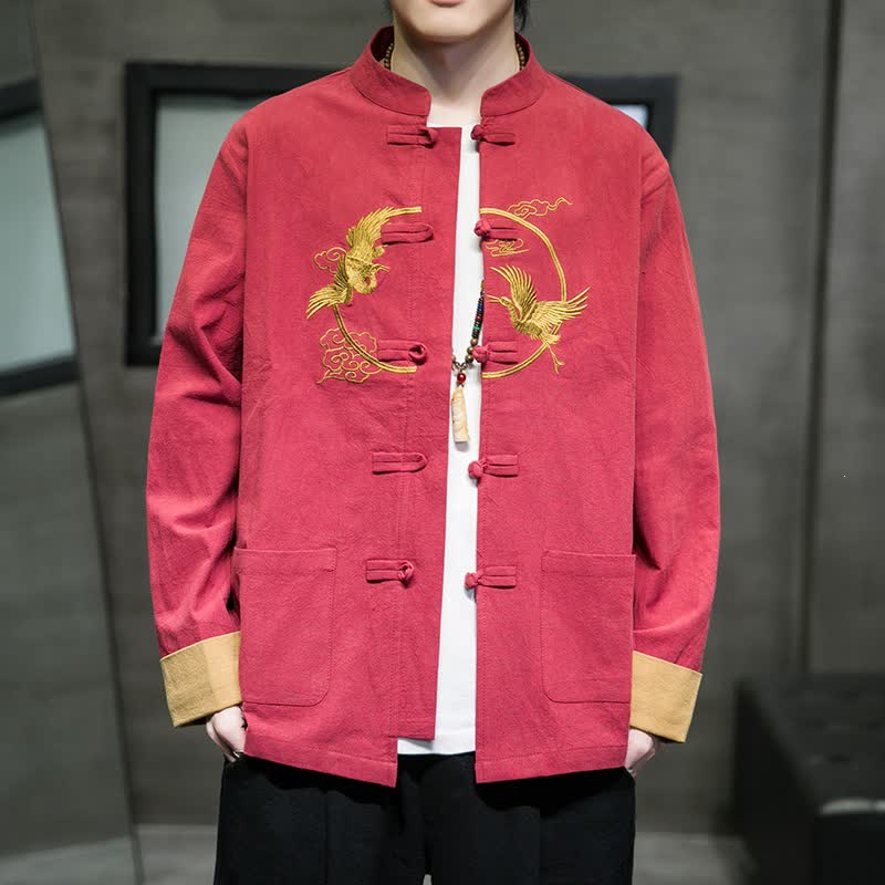 Buddha Stones Veste homme en coton avec poches, style Tang vintage, boutons grenouille, grues et nuages ​​brodés. - Cramoisi - US/UK/AU46，EU56 (5XL) - image 0