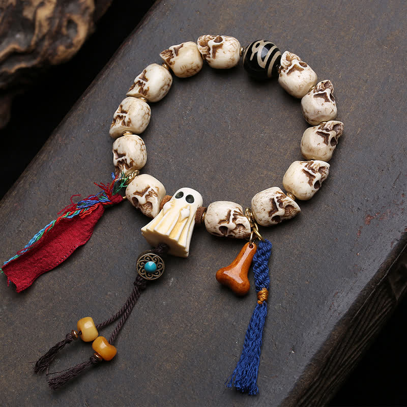 Buddha Stones Bracelet de protection en perles dzi sculptées à la main, représentant le Seigneur de la Forêt des Cadavres. - 6,3–6,7 po / 16–17 cm - image 0