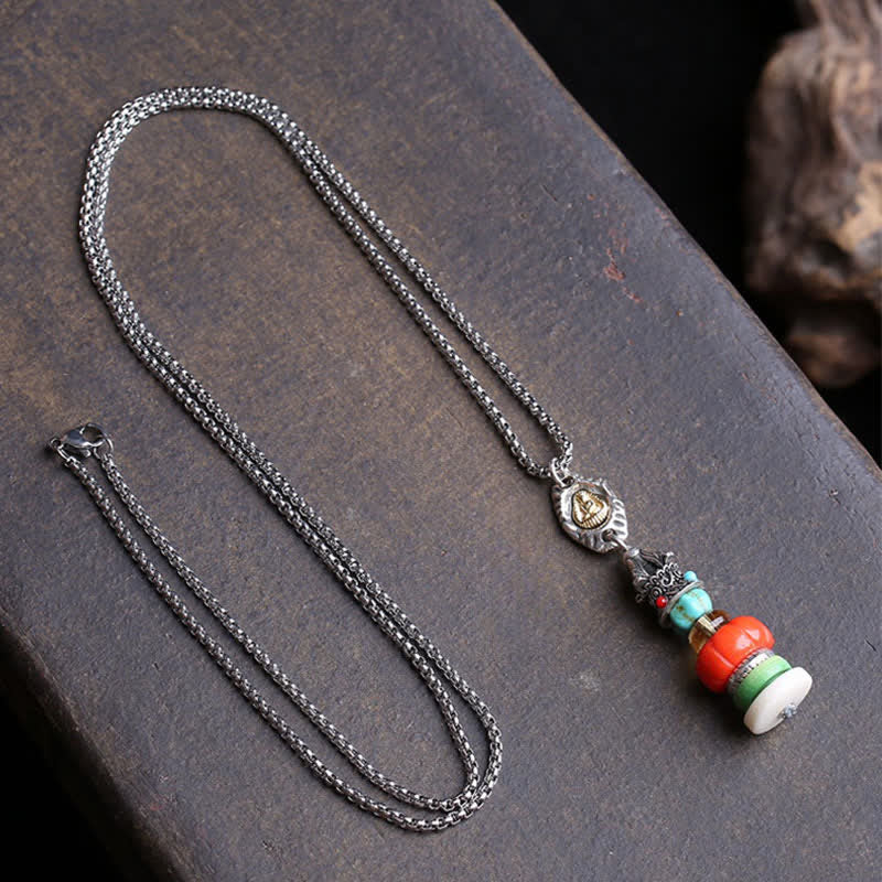 Buddha Stones Collier de protection en acier titane multicolore avec motif de tas de pierres Mani tibétaines et Bouddha informe. - image 1