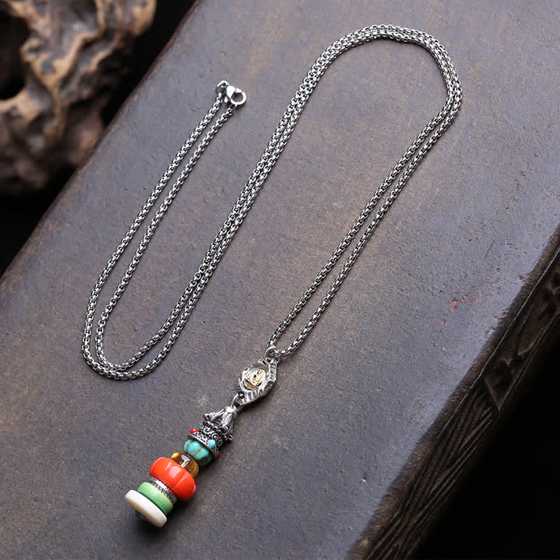 Buddha Stones Collier de protection en acier titane multicolore avec motif de tas de pierres Mani tibétaines et Bouddha informe. - Environ 7 à 13 mm - image 0
