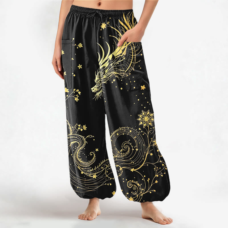 Buddha Stones Pantalon harem pour femme en coton à motif floral tourbillonnant de dragon doré et taille élastique avec poches latérales - Noir - US16，UK/AU20，EU48 (3XL) - image 0
