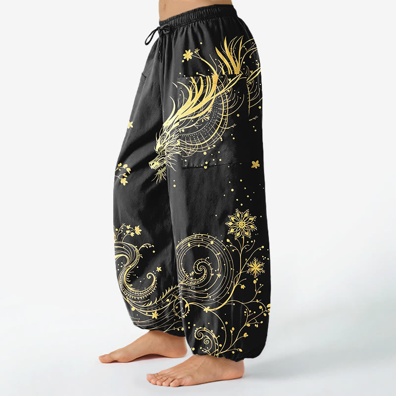 Buddha Stones Pantalon harem pour femme en coton à motif floral tourbillonnant de dragon doré et taille élastique avec poches latérales - image 1