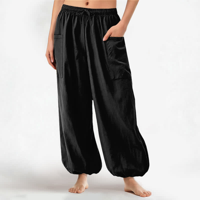 Buddha Stones Pantalon harem pour femme en coton uni, à motif minimaliste et taille élastique, avec poches latérales - Noir - US16，UK/AU20，EU48 (3XL) - image 0