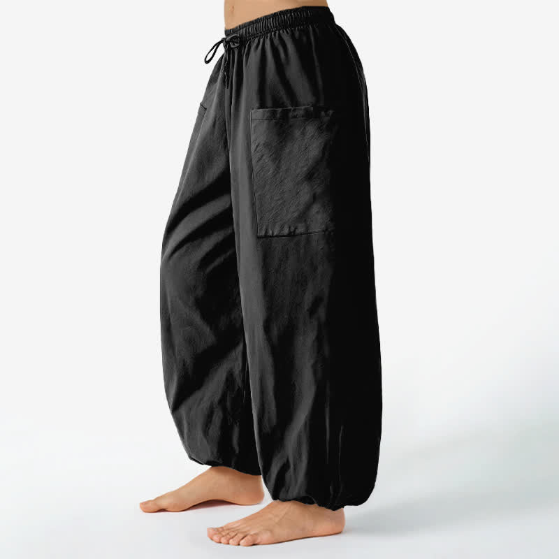 Buddha Stones Pantalon harem pour femme en coton uni, à motif minimaliste et taille élastique, avec poches latérales - image 1