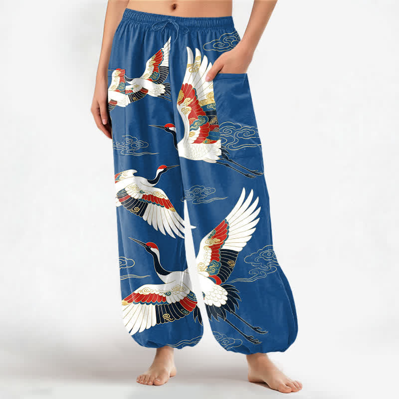 Buddha Stones Pantalon harem pour femme en coton à motif de grues et de nuages ​​orientaux, taille élastique et poches latérales - Bleuet - US16，UK/AU20，EU48 (3XL) - image 0