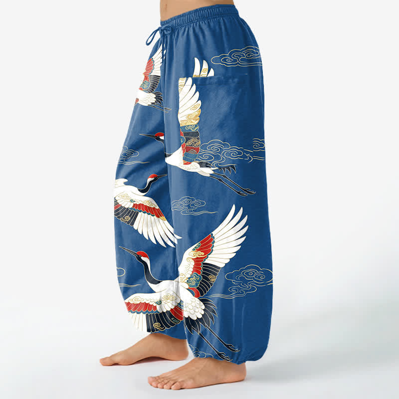Buddha Stones Pantalon harem pour femme en coton à motif de grues et de nuages ​​orientaux, taille élastique et poches latérales - image 1