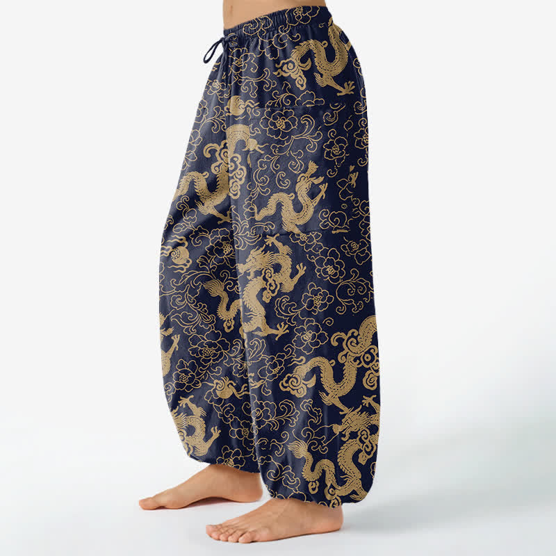 Buddha Stones Pantalon harem pour femme en coton à motif de fleurs de dragon doré, taille élastique et poches latérales - image 1