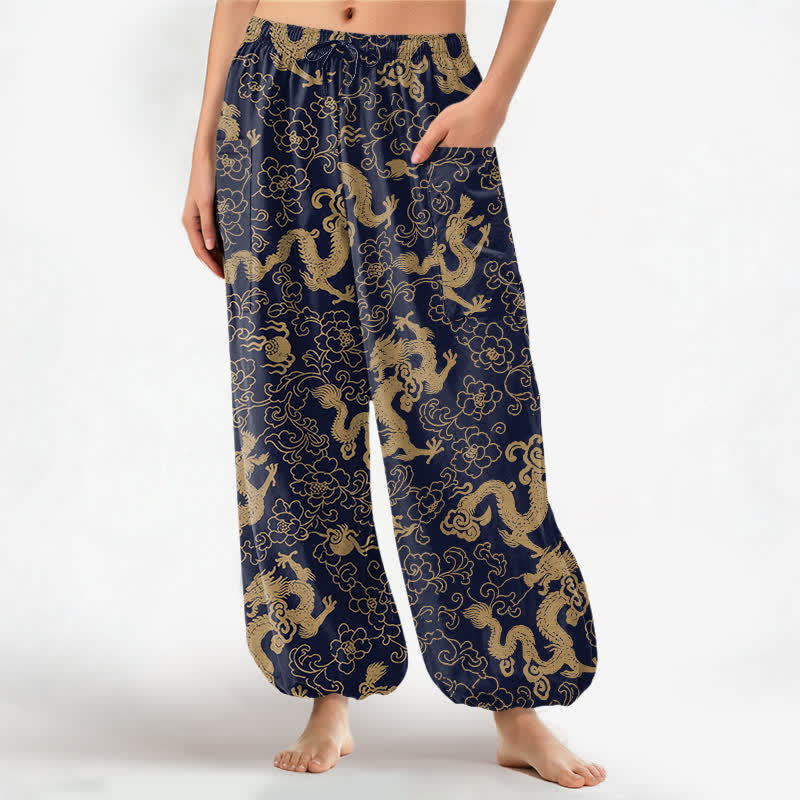 Buddha Stones Pantalon harem pour femme en coton à motif de fleurs de dragon doré, taille élastique et poches latérales - Marine - US16，UK/AU20，EU48 (3XL) - image 0