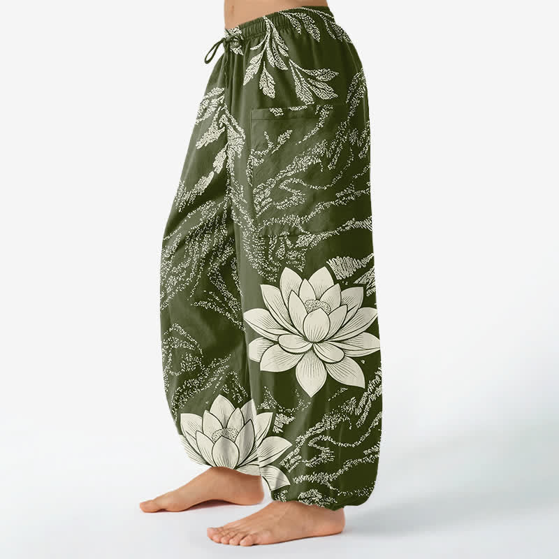 Buddha Stones Pantalon harem pour femme en coton à motif botanique olive et lotus, taille élastique et poches latérales - image 1