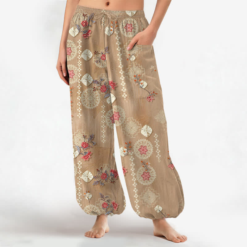 Buddha Stones Pantalon harem pour femme en coton à motif floral géométrique vintage, taille élastique et poches latérales - BurlyWood - US16，UK/AU20，EU48 (3XL) - image 0