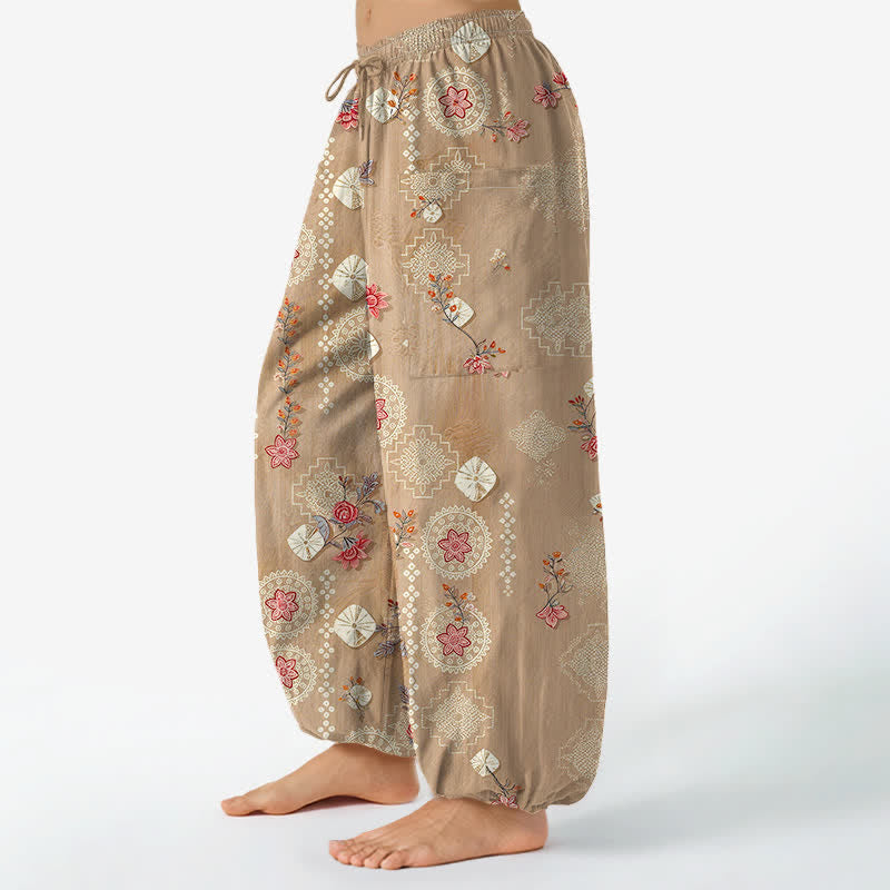 Buddha Stones Pantalon harem pour femme en coton à motif floral géométrique vintage, taille élastique et poches latérales - image 1