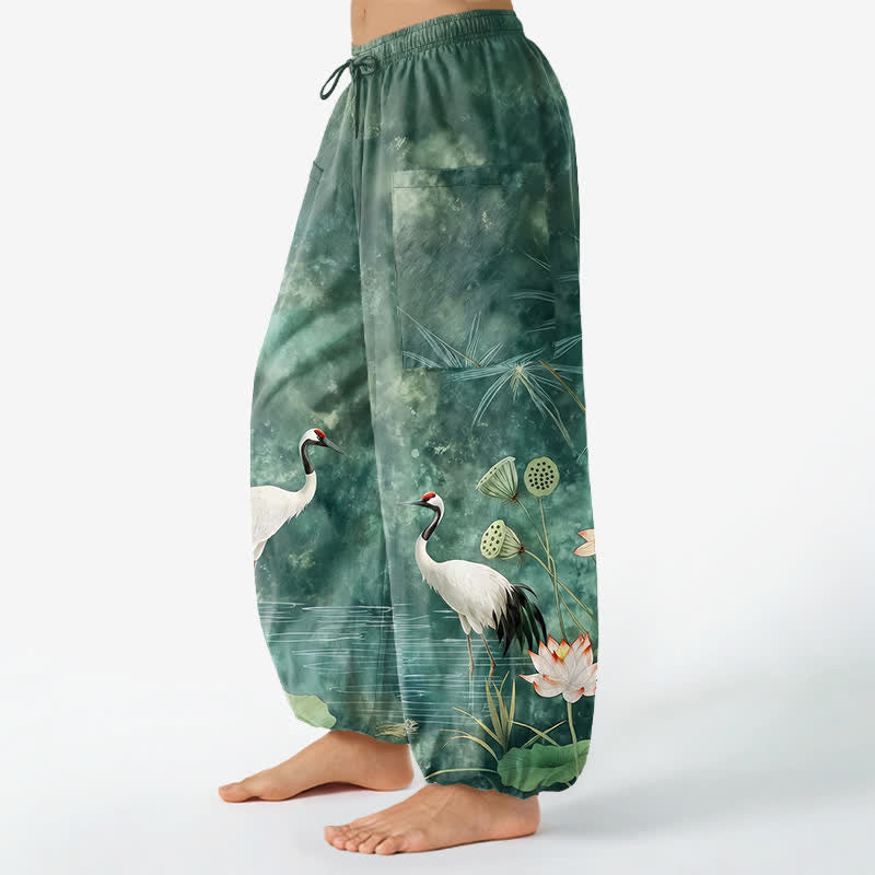 Buddha Stones Pantalon harem pour femme en coton à motif de grues orientales et de lotus, taille élastique et poches latérales - image 1