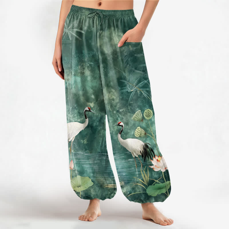 Buddha Stones Pantalon harem pour femme en coton à motif de grues orientales et de lotus, taille élastique et poches latérales - Aigue-marine moyenne - US16，UK/AU20，EU48 (3XL) - image 0