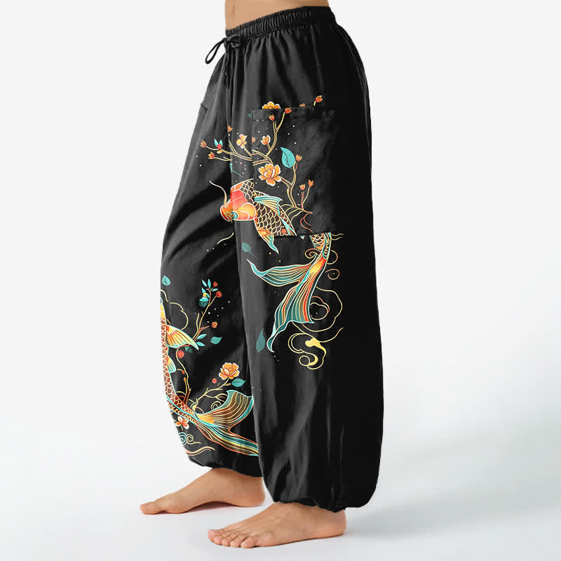 Buddha Stones Pantalon harem pour femme en coton à motif floral oriental Koi et taille élastique avec poches latérales - image 1