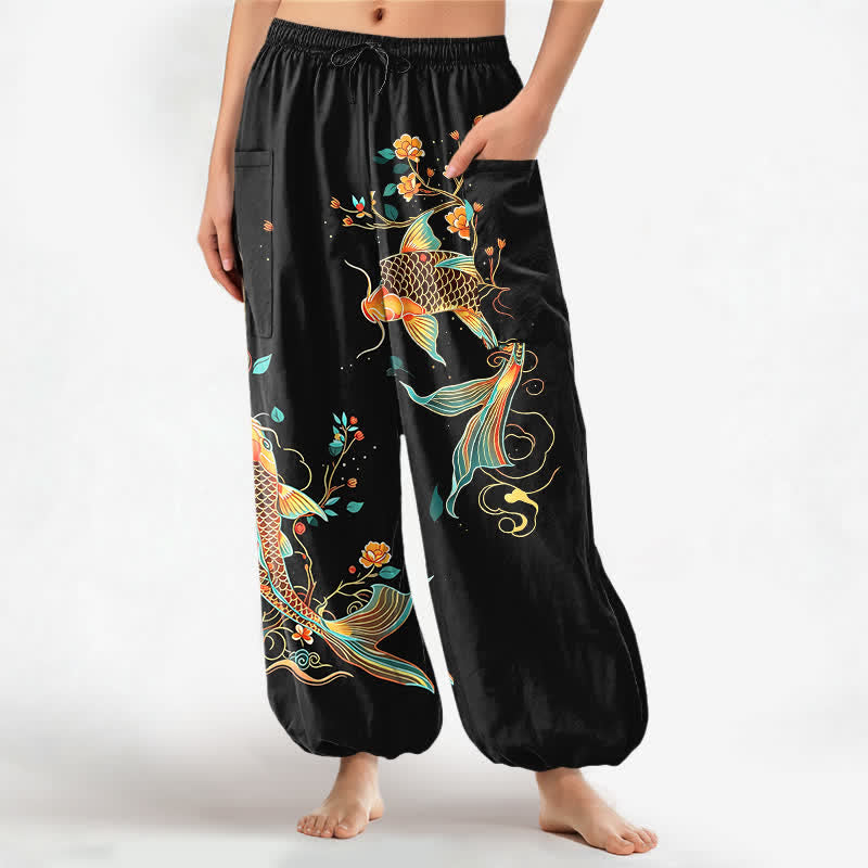 Buddha Stones Pantalon harem pour femme en coton à motif floral oriental Koi et taille élastique avec poches latérales - Noir - US16，UK/AU20，EU48 (3XL) - image 0