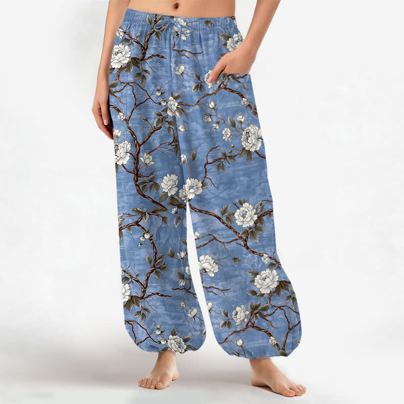 Buddha Stones Pantalon harem pour femme en coton à motif floral botanique, taille élastique et poches latérales - SteelBlue - US16，UK/AU20，EU48 (3XL) - image 0