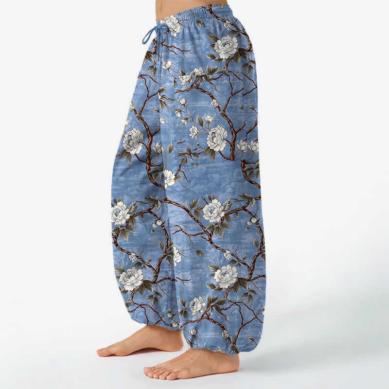 Buddha Stones Pantalon harem pour femme en coton à motif floral botanique, taille élastique et poches latérales - image 1