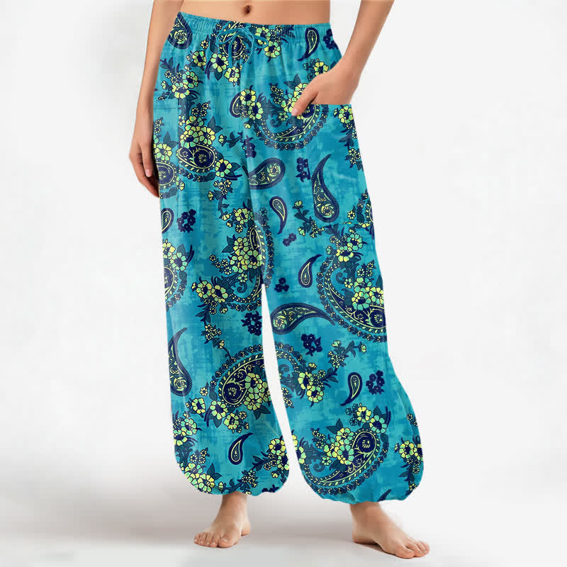 Buddha Stones Pantalon harem pour femme en coton à motif floral cachemire vintage, taille élastique et poches latérales - Cyan - US16，UK/AU20，EU48 (3XL) - image 0