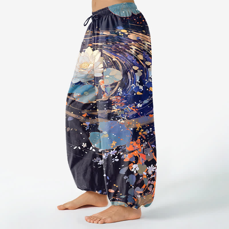 Buddha Stones Pantalon harem pour femme en coton à motif aquarelle de lotus et de carpes koï, taille élastique et poches latérales - image 1