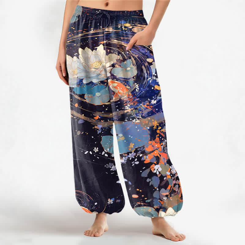 Buddha Stones Pantalon harem pour femme en coton à motif aquarelle de lotus et de carpes koï, taille élastique et poches latérales - Bleu nuit - US16，UK/AU20，EU48 (3XL) - image 0