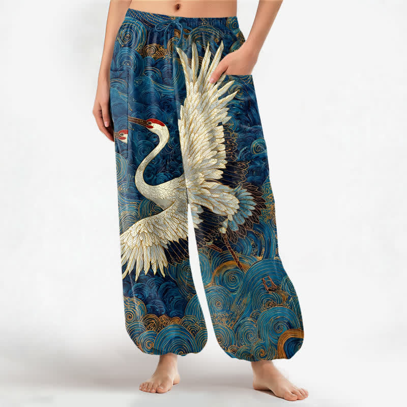 Buddha Stones Pantalon harem pour femme en coton à motif de vagues de grues dorées et taille élastique avec poches latérales - Bleu moyen - US16，UK/AU20，EU48 (3XL) - image 0