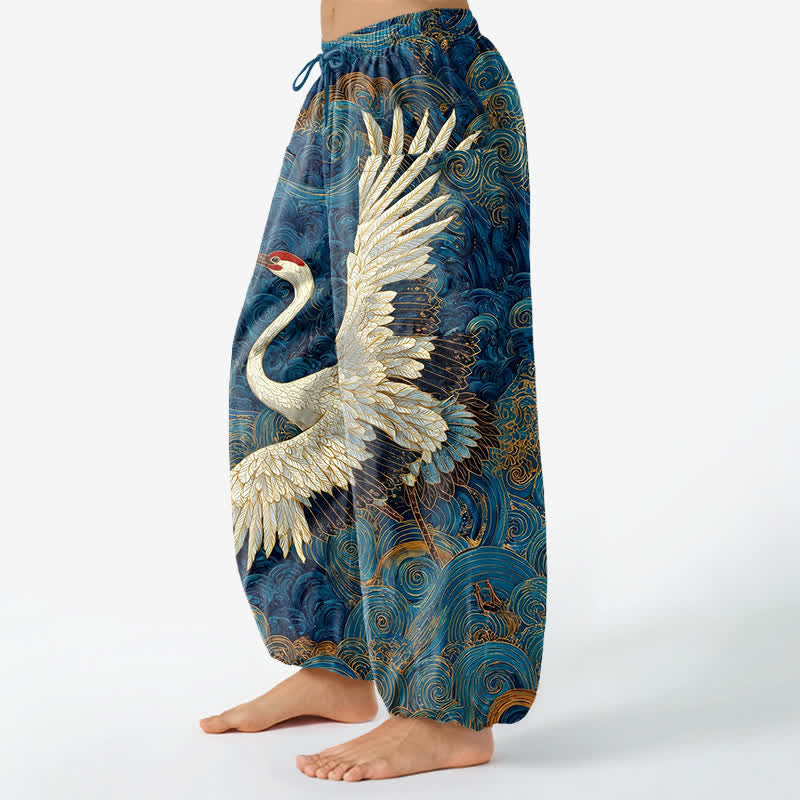 Buddha Stones Pantalon harem pour femme en coton à motif de vagues de grues dorées et taille élastique avec poches latérales - image 1
