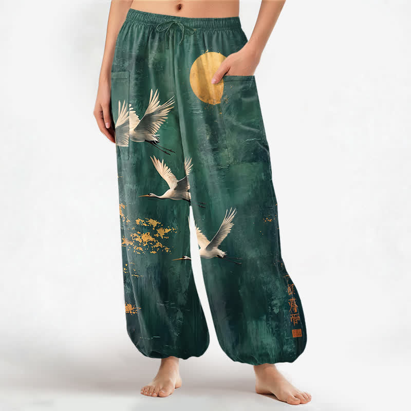 Buddha Stones Pantalon harem pour femme en coton à motif de grues orientales et de lune, taille élastique et poches latérales - Sarcelle - US16，UK/AU20，EU48 (3XL) - image 0