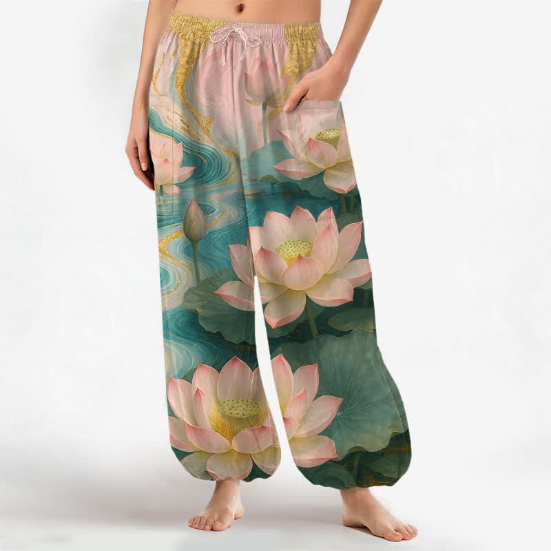 Buddha Stones Pantalon harem pour femme en coton à motif lotus délavé, taille élastique et poches latérales - Vert mer moyen - US16，UK/AU20，EU48 (3XL) - image 0