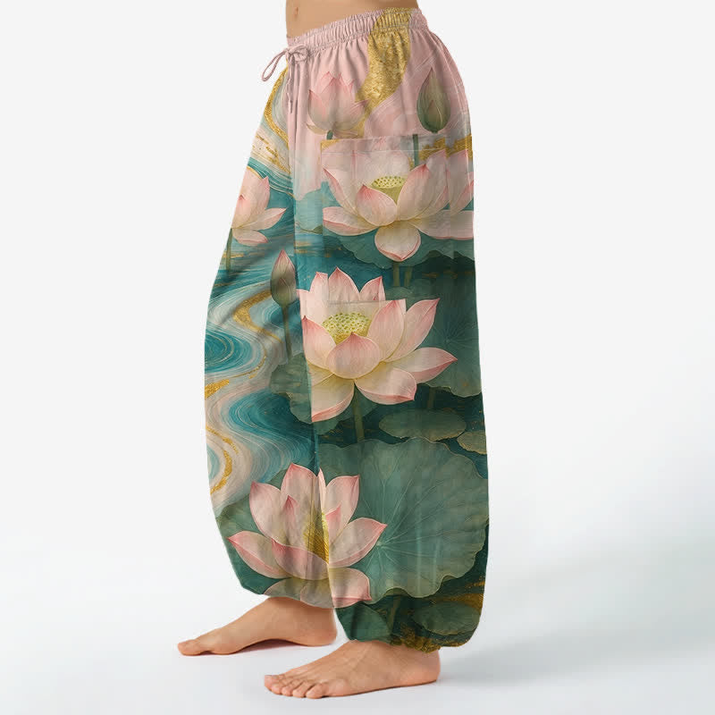 Buddha Stones Pantalon harem pour femme en coton à motif lotus délavé, taille élastique et poches latérales - image 1