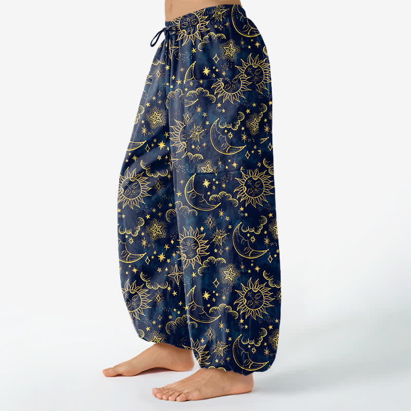 Buddha Stones Pantalon harem pour femme en coton à motif céleste soleil, lune et étoiles, taille élastique et poches latérales - image 1
