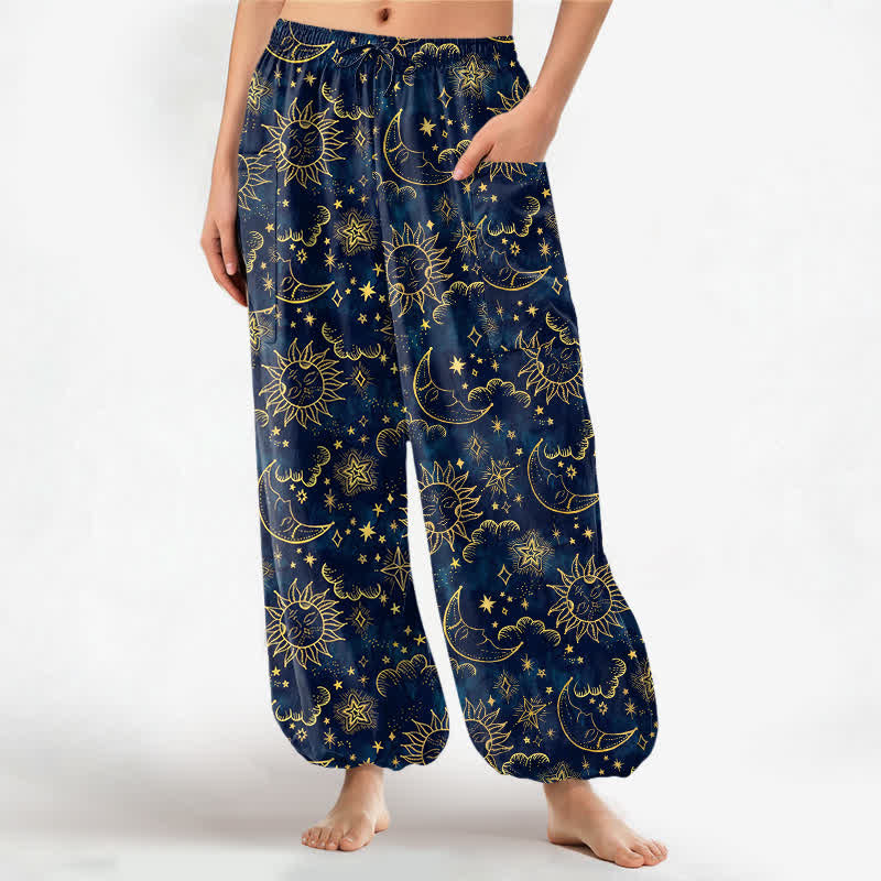 Buddha Stones Pantalon harem pour femme en coton à motif céleste soleil, lune et étoiles, taille élastique et poches latérales - Marine - US16，UK/AU20，EU48 (3XL) - image 0