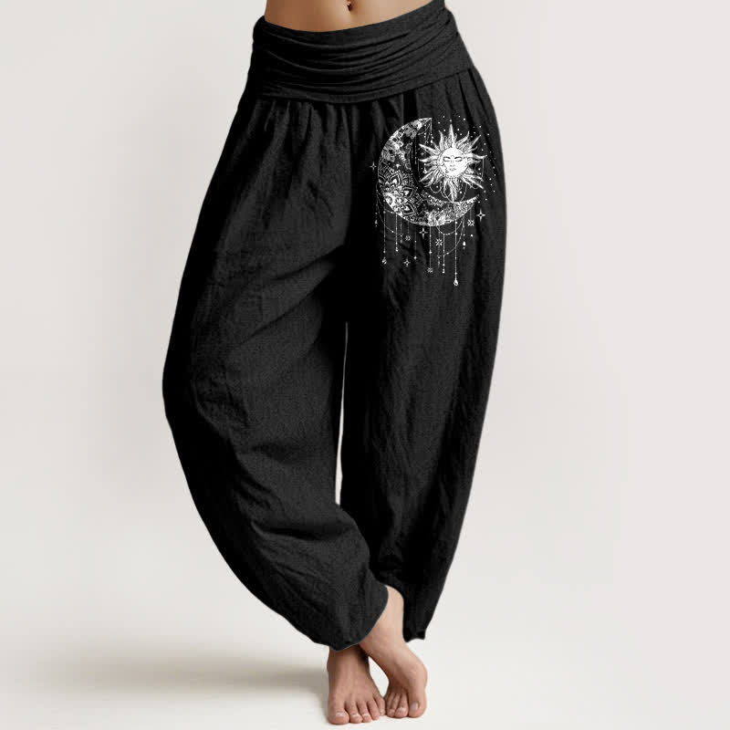 Buddha Stones Pantalon harem femme en pur coton à taille élastique, motif soleil et lune célestes - Noir - US16，UK/AU20，EU48 (3XL) - image 0