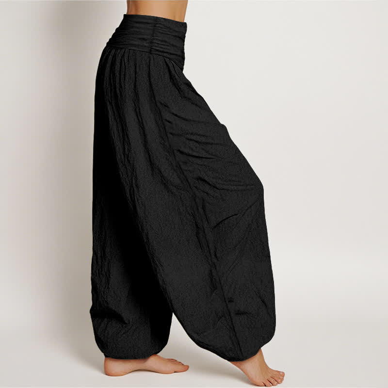 Buddha Stones Pantalon harem pour femme en pur coton rose à motif lotus Om et taille élastique - image 1