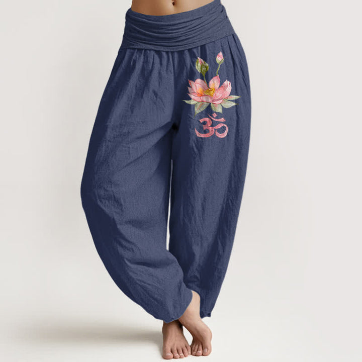 Buddha Stones Pantalon harem pour femme en pur coton rose à motif lotus Om et taille élastique - Bleu ardoise foncé - US16，UK/AU20，EU48 (3XL) - image 5